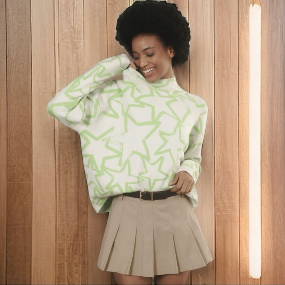 NEW Maeve The Carys Mock-Neck Sweater in Ivory & Lime Green Star Print Size XL